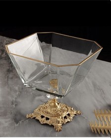 Resim Paşabahçe Metal Ayaklı Gold Detaylı Cam Büyük Boy Salata - Servis - Sunum Kasesi 