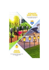 Resim 2 Adet Alev Efektli Bahçe Lambası Solar Güneş Enerjili Otomatik Fotoselli Bahçe Patika Lambası H12 Siyah 