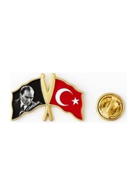 Resim Mustafa Kemal Atatürk Ve Türk Bayrağı Rozet Gold Gri 
