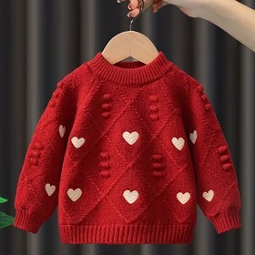 Resim Kızlar İçin Kırmızı Kalp Desenli Kazak - Sıcacık Örgü Elbise Üst & Rahat Yuvarlak Yaka Uzun Kollu Hırka, Makinede Yıkanabilir Noel Parti Giysisi (24 Aya+) 