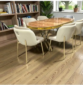 Resim Msy Home 4 Kişilik Aura Gold Serisi Ceviz Lake Oval Yemek Masası Ve Puffy Krem Sandalye Takımı Modern Krem 