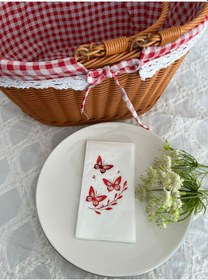 Resim Kırmızı Yaldızlı Beyaz Kelebek Yaprak Detaylı Peçete 16 Adet 