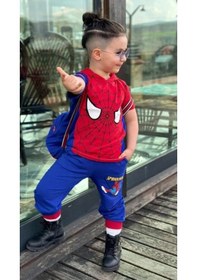 Resim Erkek Çocuk Spiderman Baskılı Kapşonlu Çantalı Üçlü Takım Mavi 