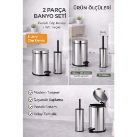 Resim Sas Haus Pedallı 8 Lt Paslanmaz Metal Çöp Kovası ve Tuvalet Fırçası, 2’li Banyo ve Wc Seti - Krom Titan 7108 