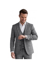 Resim Deepsea Erkek Koyu Gri Slim Fit 3 Lü Takım Elbise Yelekli Ekose Desenli Çift Düğme Takım Elbise 2600501 