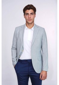 Resim Açık Mavi Çizgili Keten Dokulu Gold Renk Metal Düğmeli Slim Fit Erkek Blazer Ceket Wessi Navy Blue 