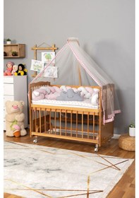 Resim Ahşap Beşik Anne Yanı Beşik Vernikli 60x120 - Pembe Beyaz Örgü Uyku Seti Seti + Yatak + Tekerlekli Ahşap 