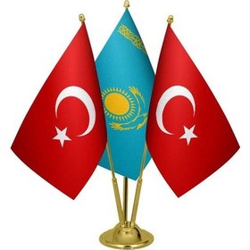 Resim Masa Üstü Kazakistan Bayrağı Türk Bayrağı Üçlü Pirinç Direk Masa 