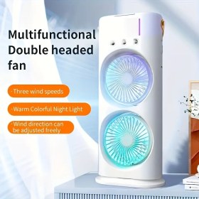 Resim 1 Adet Yüksek Güçlü Çift Başlıklı Taşınabilir Soğutucu Fan - USB Direkt Bağlantı - Nemlendirici ve Soğutma Püskürtmeli - Yüksek Hız | Renkli Gece Işığı | 3 Hız Ayarı | Yön Ayarlanabilir - Ofis, Yurt ve Ev İçin Uygun (Pil Gerekmez) 