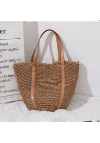 Resim Oval Deri Tabanlı Deri Ve Hasır Saplı Çıtçıtlı Astarlı Yumuşak Sahil Plaj Beach İthal Hasır Çanta Camel 