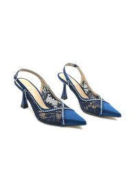 Resim Feles Saten Dantel Taş Detaylı Arkası Açık Stiletto Kadın Topuklu Ayakkabı Lacivert 