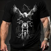 Resim Erkekler için Günlük Kartal Motosiklet Sürme Grafikli Tişört - Siyah Polyester, Kısa Kollu, Yuvarlak Yaka, Dış Mekan Yazlık Üst, Dinamik Kafatası ve Kanatlar Tasarımlı, Dış Giyim|Dinamik Baskılı Gömlek|Makinede Yıkanabilir, Motosiklet Ekipmanı 
