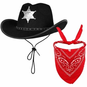 Resim Mestore Çocuk Kovboy Şapka Rozetli Siyah Kırmızı Bandana Seti 