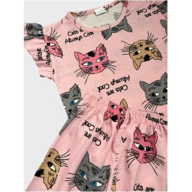 Resim Kız Çocuk Pamuklu Pembe Kedi Desenli Kısa Kollu Şortlu Yazlık Pijama Takımı 