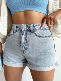 Resim Kadın Mavi Duble Paça Kot Şort - Mavi Kar Yıkama Şort Kıvrık Paça 