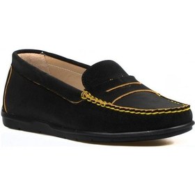 Resim Siyah Deri Kadın Loafer Sarı Detaylı 