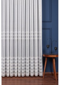 Resim Taç Enine Çizgili Tül Tül Perde - Ekru 