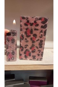 Resim NESGIFT Pembe Leopar Krsital Taşlı Uzun Slim Sigara Kutusu Ve Cakmak 