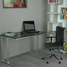 Resim Evka Tekli Desk Çalışma Masası - Parlak Paslanmaz Ayak Füme Cam 