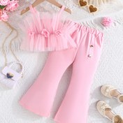 Resim 2'li Bahar ve Yaz Yeni Askılı Düz Renk Üç Boyutlu Gül Çiçeği Üst File + Pantolon Moda Seti İki Parçalı Set 