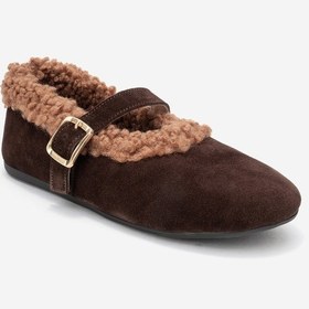 Resim Luvi Shoes Guın Kahverengi Süet Hakiki Deri Peluş Detaylı Kemerli Kadın Babet Ayakkabı Kahverengi 