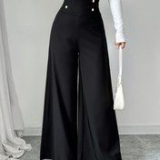 Resim Kadınlar için yüksek bel düz renkli rahat pantolon, dekoratif düğmeler, polyester dokuma, bahar/yaz moda, geniş paça tasarım, şık siyah pantolon, günlük kıyafet için 