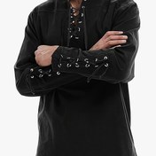 Resim Erkek Ortaçağ Korsan Gömleği - Gotik Viking Rönesans Tarzı Bağcıklı Stand Yaka Uzun Kollu Dar Kesim Üst, Düz Siyah Kostüm, Rönesans Fuarları ve Temalı Etkinlikler, Kostüm Partisi Giyimleri, Detaylı Bağcılık, Tarihî Giyim, Gotik Moda, Dayanıklı Kumaş, Kostüm, Steampunk Moda, El Yapımı Görünüm, Kostüm Tutkunları 