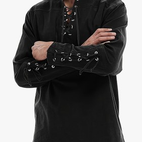 Resim Erkek Ortaçağ Korsan Gömleği - Gotik Viking Rönesans Tarzı Bağcıklı Stand Yaka Uzun Kollu Dar Kesim Üst, Düz Siyah Kostüm, Rönesans Fuarları ve Temalı Etkinlikler, Kostüm Partisi Giyimleri, Detaylı Bağcılık, Tarihî Giyim, Gotik Moda, Dayanıklı Kumaş, Kostüm, Steampunk Moda, El Yapımı Görünüm, Kostüm Tutkunları 