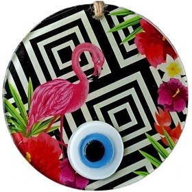 Resim Pembe Flamingolu Çiçekli Nazar Boncuklu 15 Santimetre Çapında Duvar Süsü 