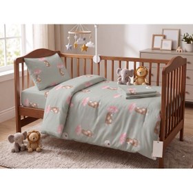 Resim Maki Home Makiteks %100 Pamuklu Pembe Şemsiyeli Ayıcık Desenli Su Yeşili Bebek Nevresim Takımı 