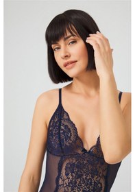 Resim Cottonhill Lacivert Çıtçıtlı Dantelli Transparan Balensiz Bodysuit Lacivert 