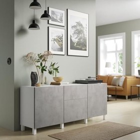 Resim Dolap kombinasyonu, beyaz-açık gri taş görünümlü, 180x42x74 cm, KALLVIKEN, çıt çıt raylı 
