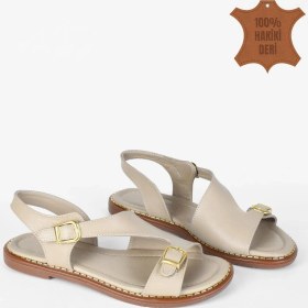 Resim Kadın Hakiki Deri Asimetrik Kesim Kısa Topuklu Yazlık Sandalet - Bej Bej 