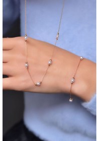 Resim Papatya Silver 925 Ayar Gümüş Rose Dorika Toplu Incili Kolye Bileklik Set 