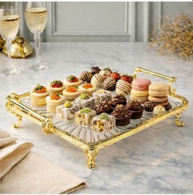 Resim Royking 25 25 Cm Kare Gold Kenarlı Ayaklı Cam Servis & Sunum Tabağı Şık Ve Dekoratif Gold - Şeffaf 