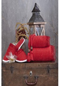 Resim Kelebek Gelin Bornoz Seti 5 Parça Dantelli Çeyiz Bayan Bornoz Set Kırmızı 