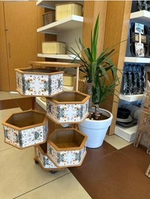 Resim Ahşap Altıgen Sebzelik 5 Katlı Yana Açılır Patates Soğan Tekerlekli Sebzelik Deniz Beyaz 