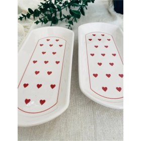 Resim Love Kırmızı Kalp 2 Adet Oval Tabak 