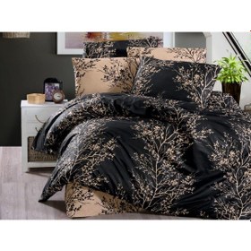 Resim Çift Kişilik Çarşaflı Nevresim Takımı Pamuklu 4 Parça Desenli Siyah 