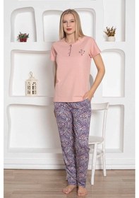 Resim Alimer Kadın Çiçek Desen Bisiklet Yaka 3 Düğmeli Kısa Kol Cepli Pijama Takımı Pudra 