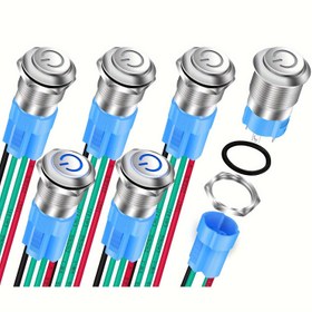 Resim 6 Paket 12mm Metal Push Button Kendinden Kilitlemeli ON OFF Güç Logolu Yüksek Düğme 4 Pin Eşleşen Bağlayıcı 
