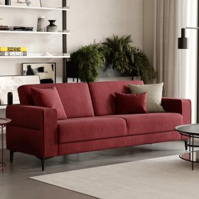 Resim Enza Home Briza Plus Kadife Dokulu, 3'lü Yataklı Koltuk - Koyu Pembe 
