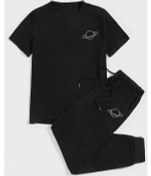 Resim Yingtang Baskılı Pamuk Spor Eşofman Takımı Siyah4 Siyah 