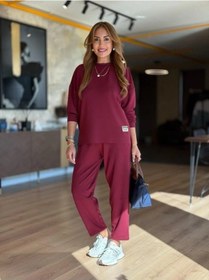 Resim Tua Moda Kadın Uzun Kollu Bisiklet Yaka Viskon Iki Iplik Bluz Ve Pantolon Ikili Takım Bordo 