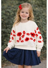 Resim Kız Çocuk Çiçek Aplikeli Uzun Kollu Sweatshirt Vanilya Renk 4 9 Yaş Beyaz 