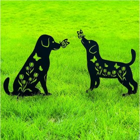 Resim Metal Köpek Bahçe Dekoru - Çiçek ve Kelebek Motifli Dayanıklı Metal Bahçe Süsü 
