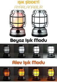 Resim Şarjlı Solar Kamp Lambası - Alev Efektli Powerbank Özellikli Su Geçirmez LED Işıldak Gri 47721 