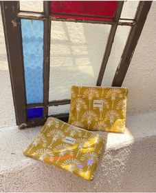 Resim İdiluna Hardal Rengi Palmiye Desenli, Fermuarlı Çok Amaçlı Clutch / Tablet Çantası Hardal Kahve 