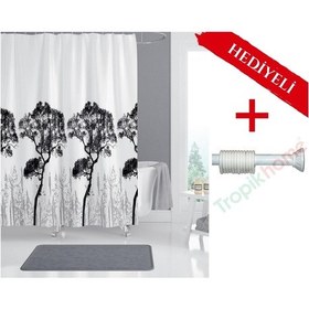Resim Ağaç Desenli Boru Hediyeli Banyo Perdesi Siyah 