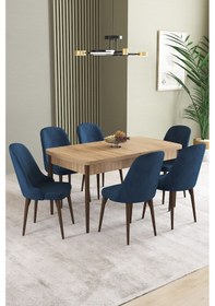 Resim Ikon Meşe Desen 80x132 Mdf Açılabilir Mutfak Masası Takımı 6 Adet Sandalye Lacivert 
